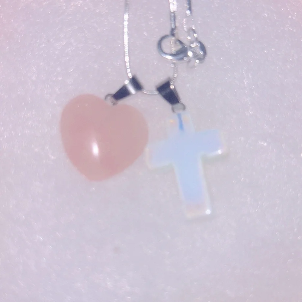 Boho hippie Opal Cross and Rose Quartz Heart Sterling Silver 16” Neckla…